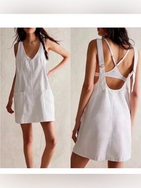 Free People High Roller Skirtall White Denim Mini Dress Jean Overall Pockets